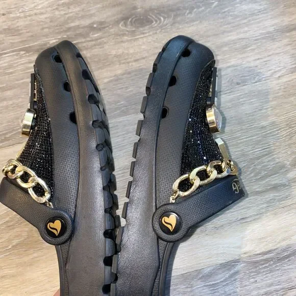 Skechers x Snoop Dogg Black Bling Clogs w/ Charms & Gold Chain Slip Ons SZ 8 - Picture 9 of 9
